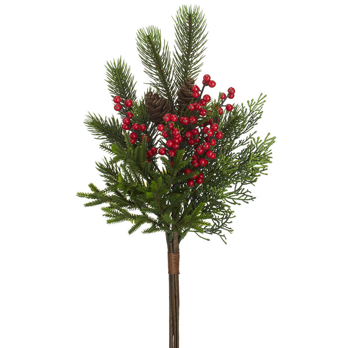 19.5" Berry, Pinecone & Mixed Pine Artificial Stem Bundle -Green/Red (Pack of 12) - XDK462-GR/RE