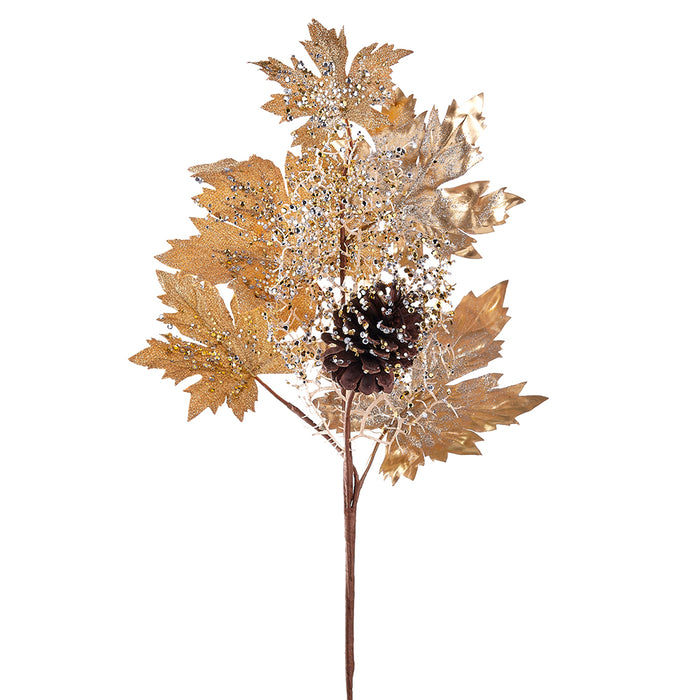 27" Glittered Metallic Maple Leaf, Pinecone & Twig Artificial Stem Pick -Gold/Brown (pack of 12) - XDK625-GO/BR
