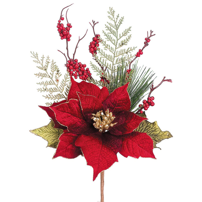 17" Glittered Artificial Velvet Poinsettia, Berry & Pine Stem Pick -Burgundy/Green (pack of 12) - XDK792-BU/GR