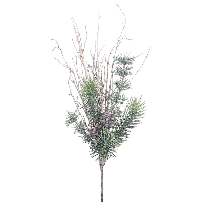15" Snowed Pine, Pinecone & Twig Artificial Stem Pick -Green/Snow (pack of 24) - XDK915-GR/SN