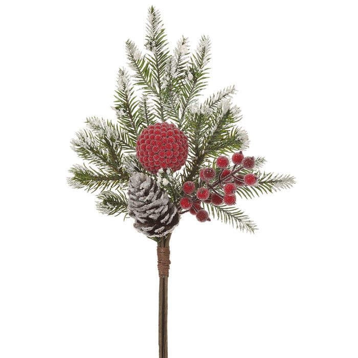 18" Iced & Flocked Artificial Berry, Pinecone & Pine Stem Bundle -Red/Green (Pack of 12) - XDQ741-RE/GR