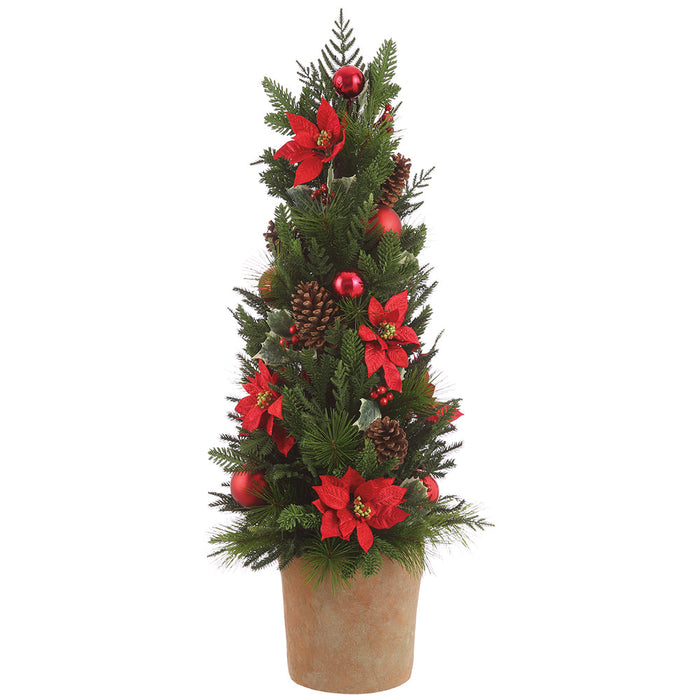40" Artificial Poinsettia Flower, Holly & Pine Cone-Shaped Topiary w/Mgo Pot -Red/Green (Pack of 2) - XDR284-RE/GR