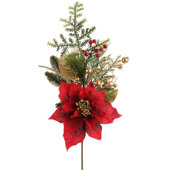 30" Glittered Artificial Poinsettia Flower, Berry & Pine Stem -Red/Gold (Pack of 6) - XDS282-RE/GO