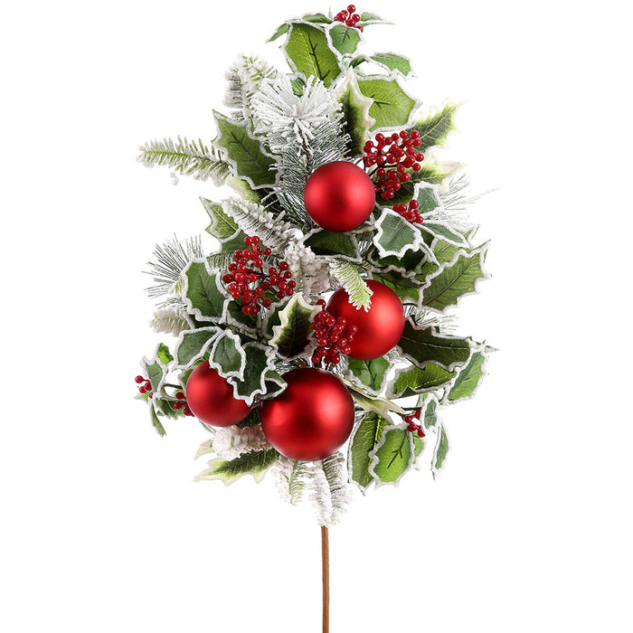 26" Flocked Artificial Holly Leaf, Ball & Pine Stem -Red/Green (Pack of 4) - XDS339-RE/GR