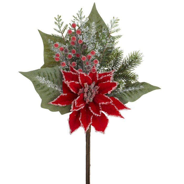 20" Iced Artificial Poinsettia Flower, Berry, Pinecone & Pine Stem -Red (Pack of 12) - XDS492-RE