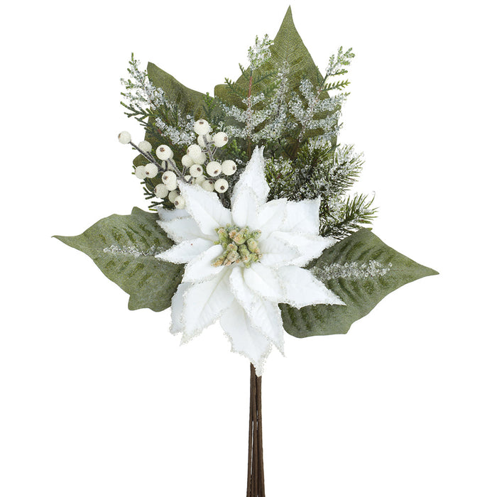 20" Iced Artificial Poinsettia Flower, Berry, Pinecone & Pine Stem -White (Pack of 12) - XDS492-WH