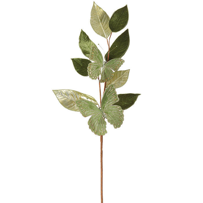37" Metallic Velvet Artificial Magnolia Leaf & Butterfly Stem -Green (Pack of 6) - XDS738-GR