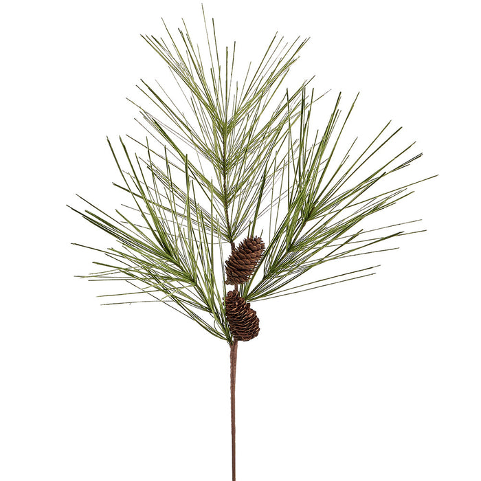 28" Flocked Artificial Long Needle Pine & Pinecone Stem -Brown/Green (Pack of 6) - XDS773-BR/GR