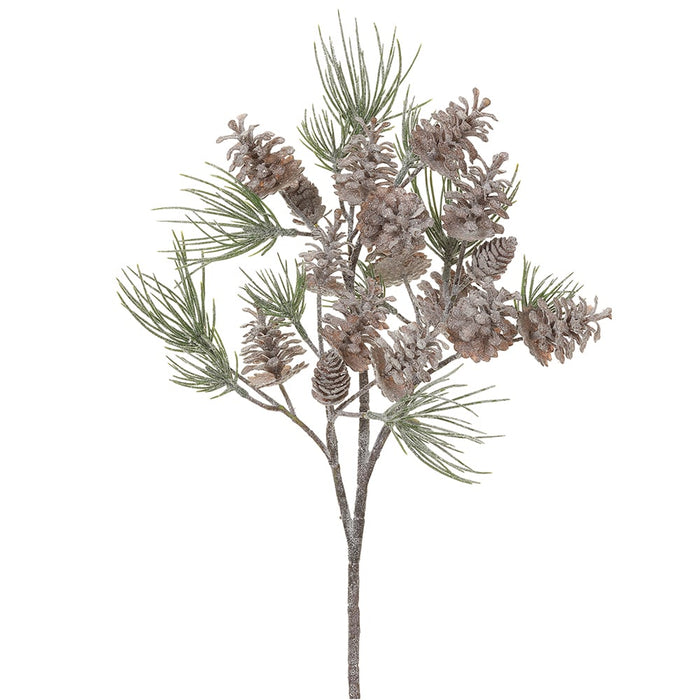 21" Frosted Artificial Pine & Pinecone Stem -Green/Brown (Pack of 12) - XDS792-GR/BR