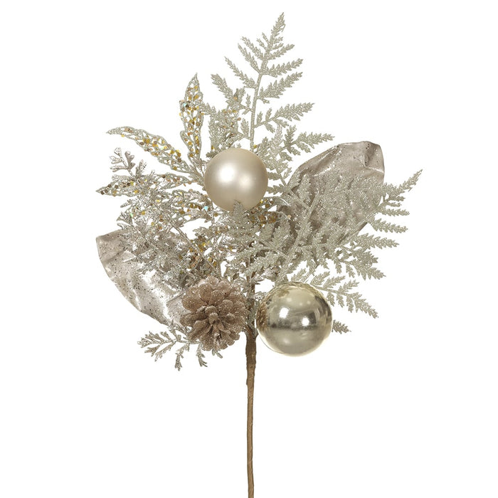 16" Glittered Artificial Ball, Pinecone & Fern Stem -Gold (pack of 12) - XDS805-GO