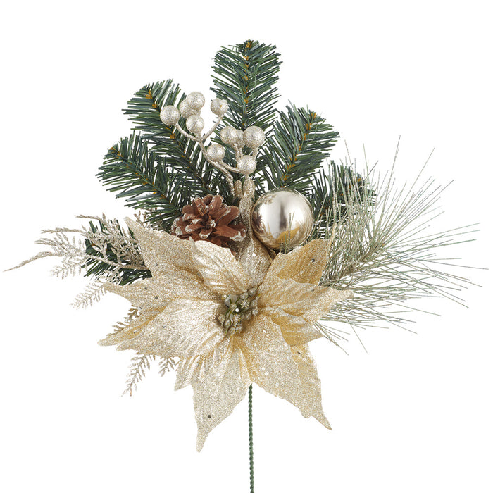 17" Artificial Poinsettia Flower, Ball & Pine Stem -Champagne/Green (Pack of 12) - XDS822-CN/GR