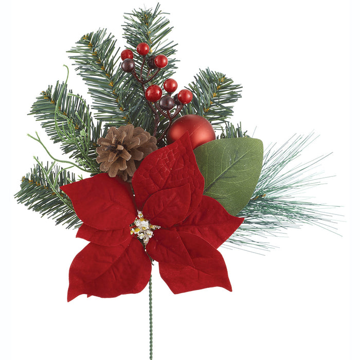 17" Artificial Poinsettia Flower, Berry & Pine Stem -Red/Green (Pack of 12) - XDS823-RE/GR