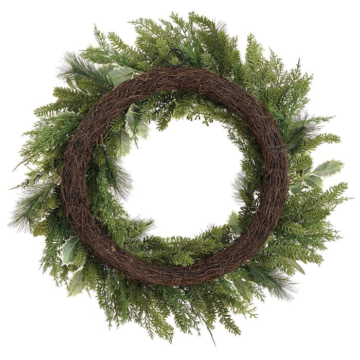 28" Holly, Eucalyptus Leaf & Mixed Pine Artificial Wreath -2 Tone Green (Pack of 2) - XDW176-GR/TT