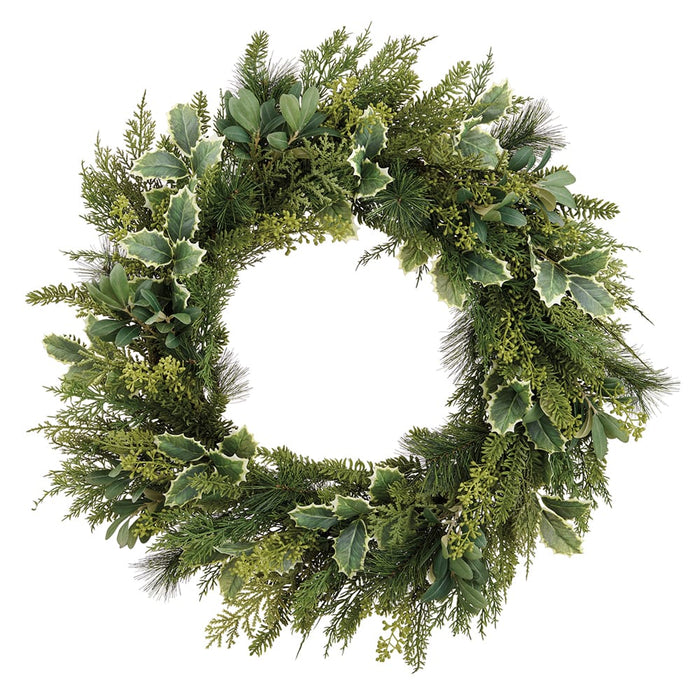 28" Holly, Eucalyptus Leaf & Mixed Pine Artificial Wreath -2 Tone Green (Pack of 2) - XDW176-GR/TT