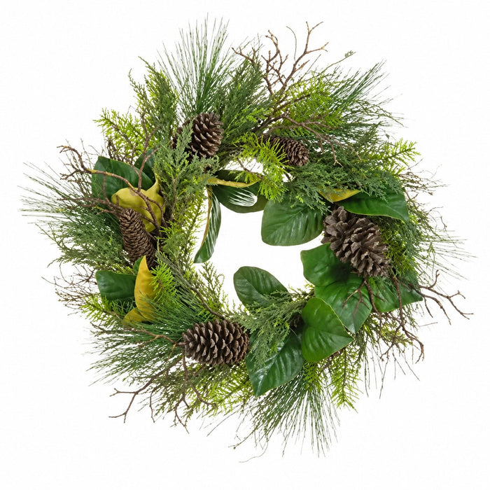 22" Artificial Pinecone, Magnolia Leaf & Pine Wreath -Green/Brown - XDW183-GR/BR