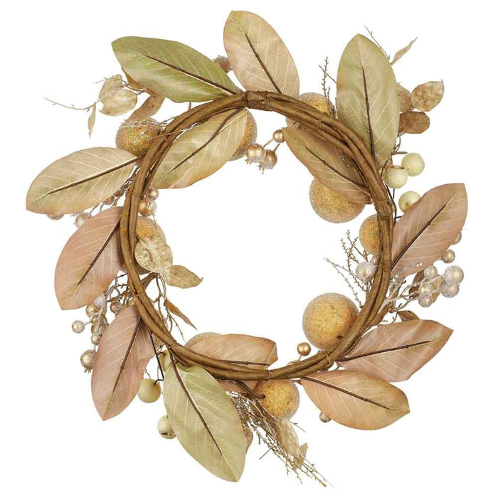 24" Artificial Beaded Ball, Berry & Magnolia Leaf Wreath -Gold - XDW192-GO