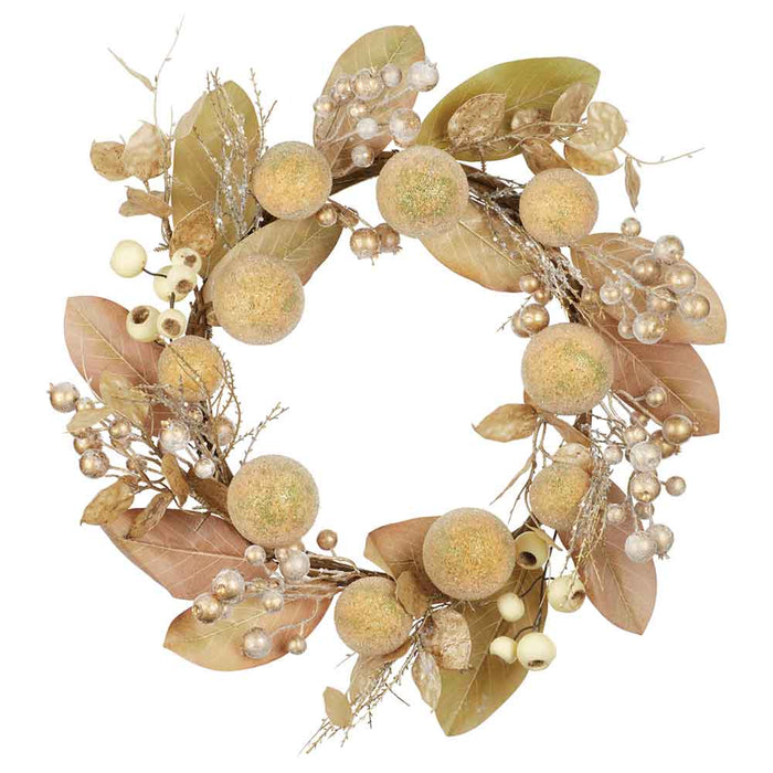 24" Artificial Beaded Ball, Berry & Magnolia Leaf Wreath -Gold - XDW192-GO