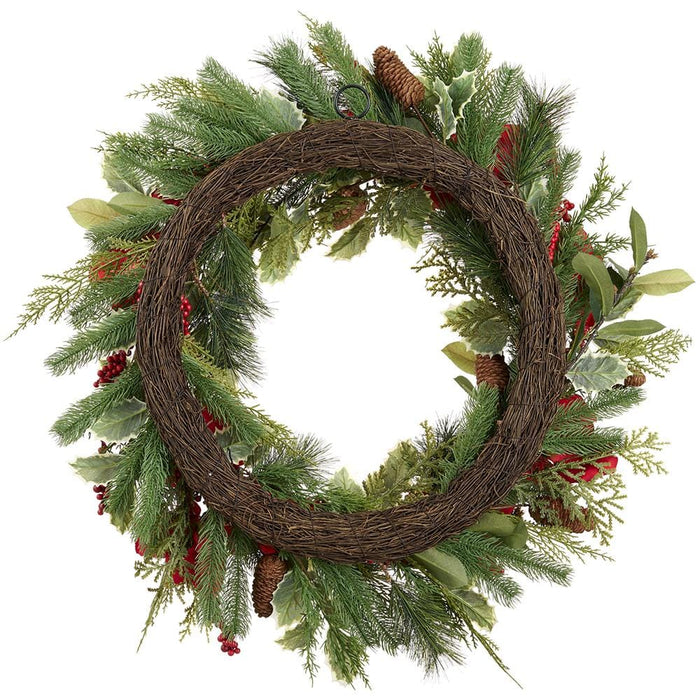 28" Amaryllis Flower, Berry, Pinecone & Pine Artificial Wreath -Red/Green - XDW194-RE/GR