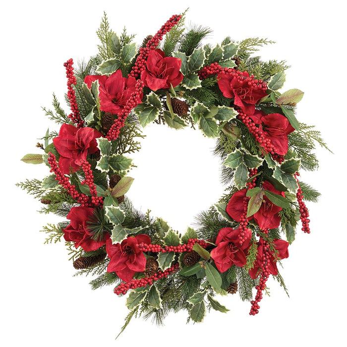 28" Amaryllis Flower, Berry, Pinecone & Pine Artificial Wreath -Red/Green - XDW194-RE/GR