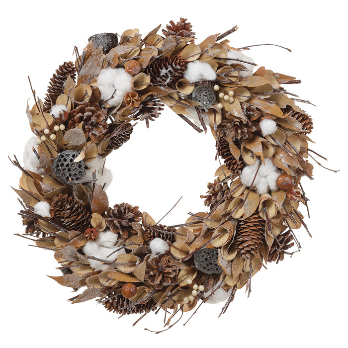 19.5" Iced Cotton, Pinecone & Pod Artificial Hanging Wreath -Brown/White (pack of 2) - XDW202-BR/WH