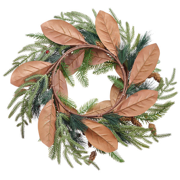 22" Artificial Magnolia Leaf, Pine, Pinecone & Berry Wreath -Green/Red (Pack of 10) - XDW247-GR/RE