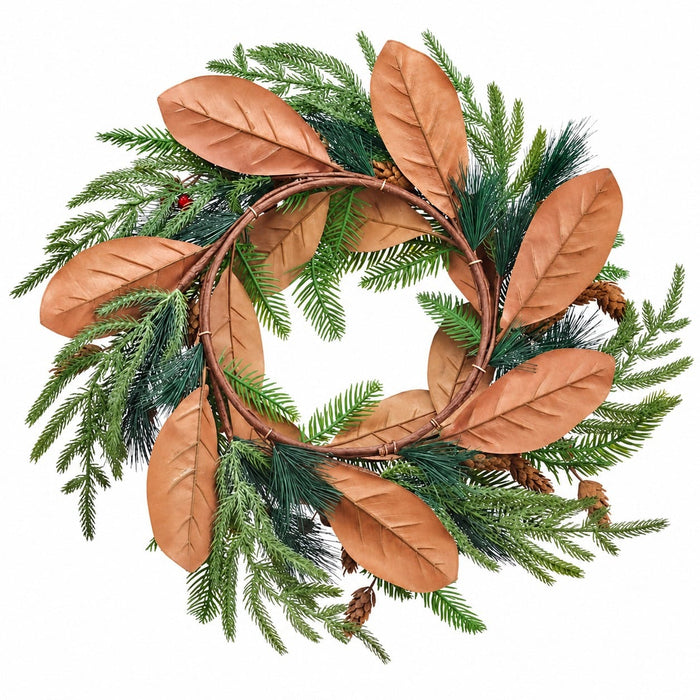 22" Artificial Magnolia Leaf, Pine, Pinecone & Berry Wreath -Green/Red (Pack of 10) - XDW247-GR/RE