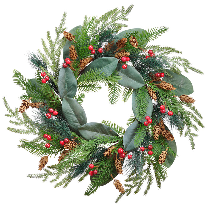 22" Artificial Magnolia Leaf, Pine, Pinecone & Berry Wreath -Green/Red (Pack of 10) - XDW247-GR/RE