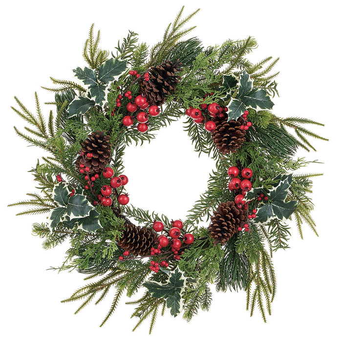 24" Artificial Berry, Pinecone & Mixed Pine Wreath -Green/Red (Pack of 2) - XDW278-GR/RE