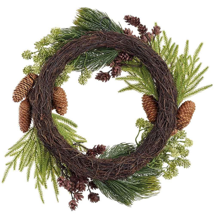 22" Artificial Sedum, Pinecone & Pine Wreath -Green/Brown (Pack of 2) - XDW280-GR/BR