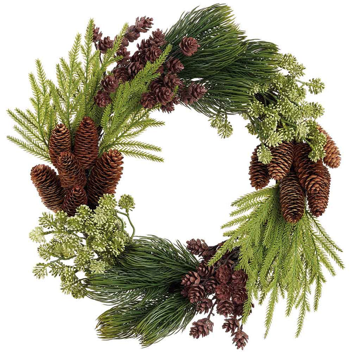 22" Artificial Sedum, Pinecone & Pine Wreath -Green/Brown (Pack of 2) - XDW280-GR/BR