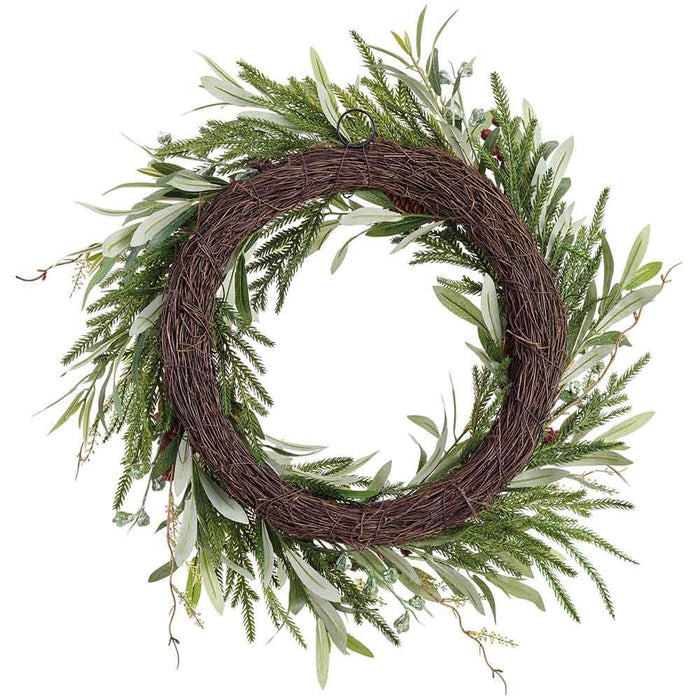 24" Artificial Pinecone, Berry, Eucalyptus Leaf & Pine Wreath -Green/Brown (Pack of 2) - XDW281-GR/BR
