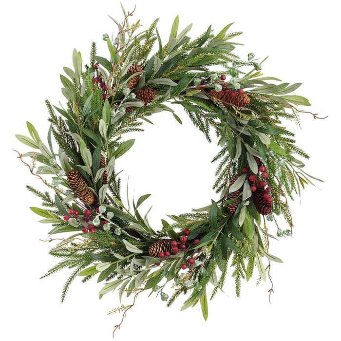 24" Artificial Pinecone, Berry, Eucalyptus Leaf & Pine Wreath -Green/Brown (Pack of 2) - XDW281-GR/BR