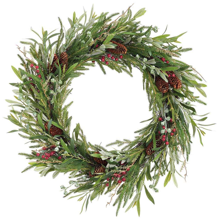 32" Artificial Pinecone, Berry, Eucalyptus Leaf & Pine Wreath -Green/Brown - XDW282-GR/BR