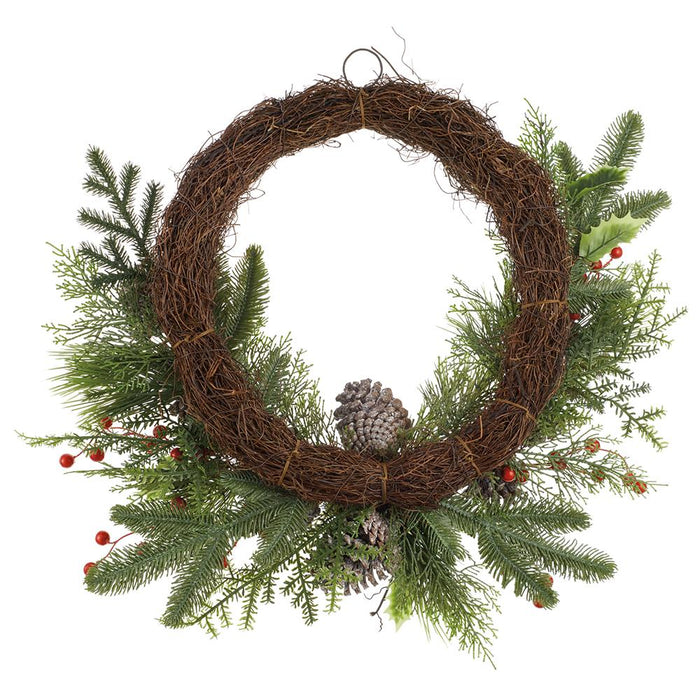 22" Artificial Pinecone, Berry & Pine Wreath -Brown/Green - XDW290-BR/GR