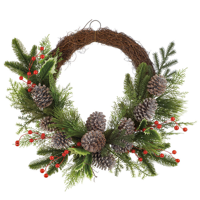 22" Artificial Pinecone, Berry & Pine Wreath -Brown/Green - XDW290-BR/GR