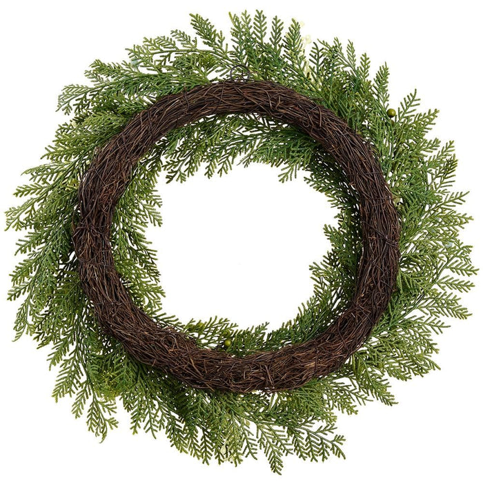 24" Berry, Sedum & Cedar Artificial Wreath -2 Tone Green - XDW301-GR/TT