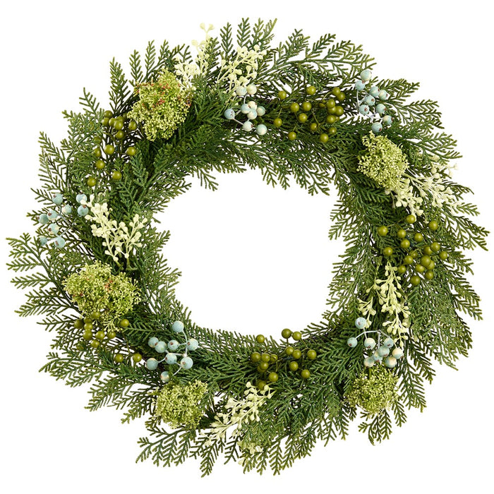 24" Berry, Sedum & Cedar Artificial Wreath -2 Tone Green - XDW301-GR/TT
