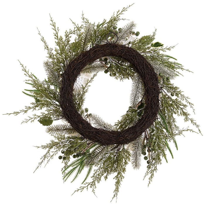 24" Iced Pinecone, Holly Leaf & Pine Artificial Wreath -White/Green (Pack of 2) - XDW307-WH/GR