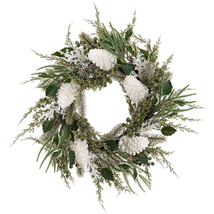 24" Iced Pinecone, Holly Leaf & Pine Artificial Wreath -White/Green (Pack of 2) - XDW307-WH/GR