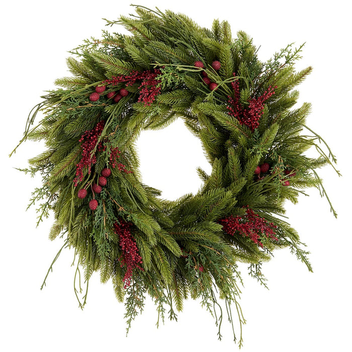 24" Sedum & Mixed Pine Artificial Wreath -Red/Green - XDW319-RE/GR