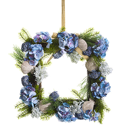 22" Hydrangea, Shell & Pine Square-Shaped Artificial Flower Hanging Wreath -Blue/Green (pack of 2) - XDW330-BL/GR