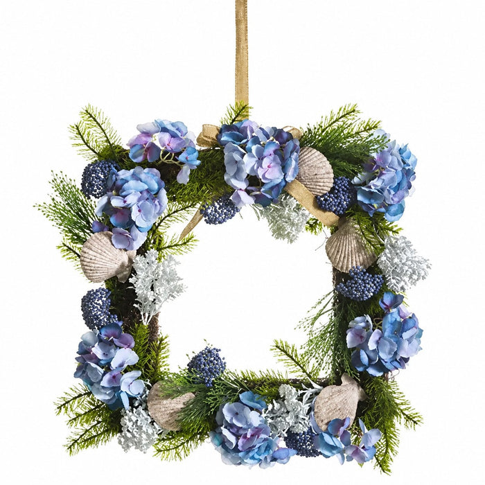22" Hydrangea, Shell & Pine Square-Shaped Artificial Flower Wreath -Blue/Green (Pack of 2) - XDW330-BL/GR