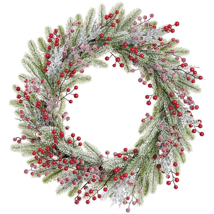 26" Flocked Artificial Berry & Pine Wreath -Red/White (Pack of 4) - XDW358-RE/WH