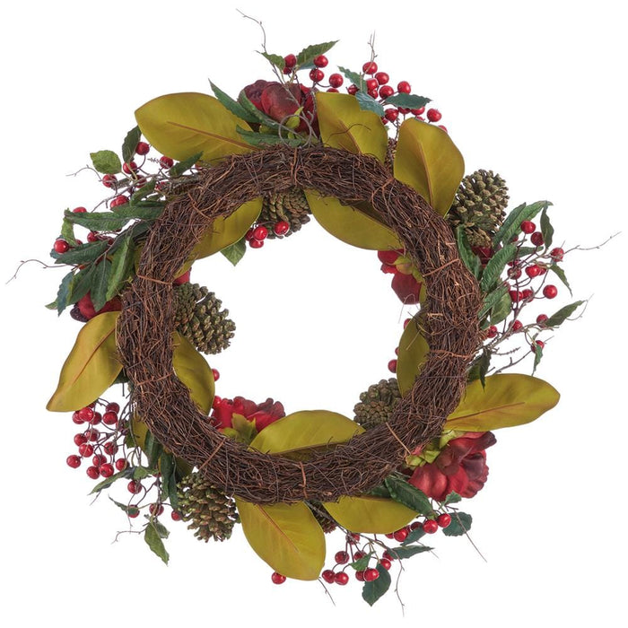 24" Peony Flower, Berry & Pinecone Artificial Wreath -Burgundy/Green - XDW364-BU/GR