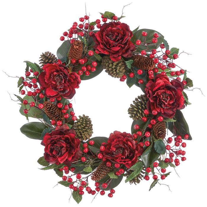 24" Peony Flower, Berry & Pinecone Artificial Wreath -Burgundy/Green - XDW364-BU/GR
