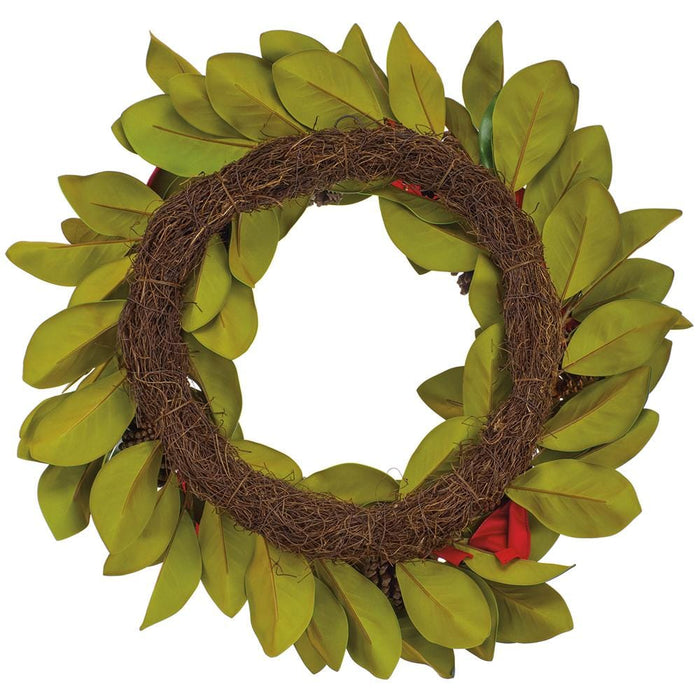 30" Magnolia Leaf, Pinecone & Ribbon Artificial Wreath -Green/Brown - XDW377-GR/BR