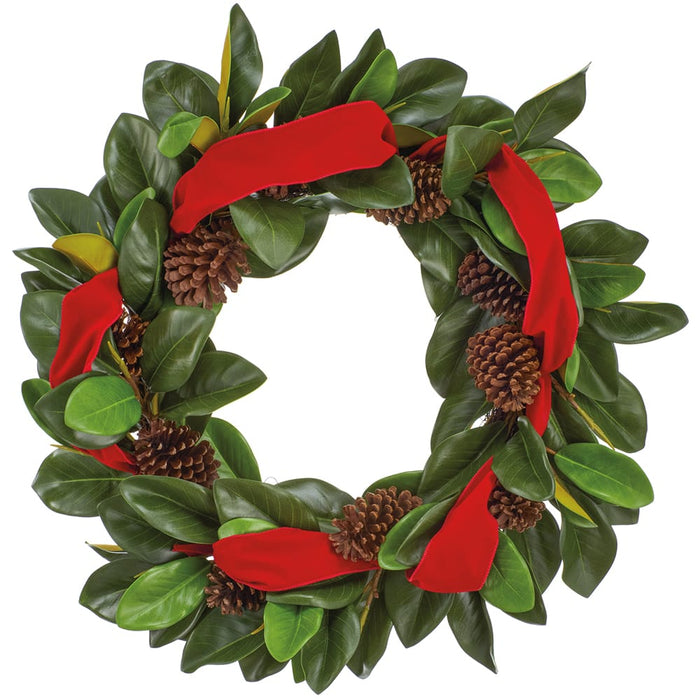 30" Magnolia Leaf, Pinecone & Ribbon Artificial Wreath -Green/Brown - XDW377-GR/BR