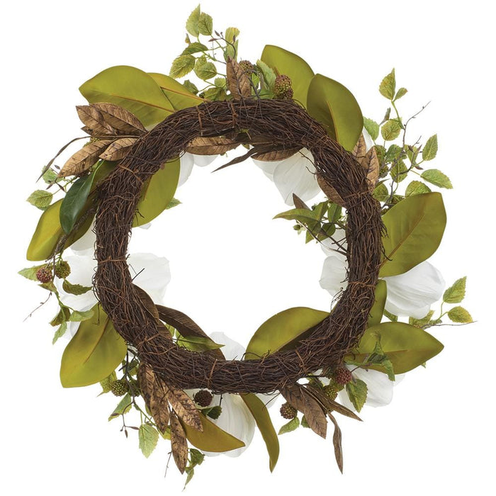 24" Magnolia Flower & Globe Thistle Artificial Wreath -White/Green - XDW378-WH/GR