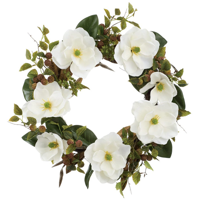 24" Magnolia Flower & Globe Thistle Artificial Wreath -White/Green - XDW378-WH/GR