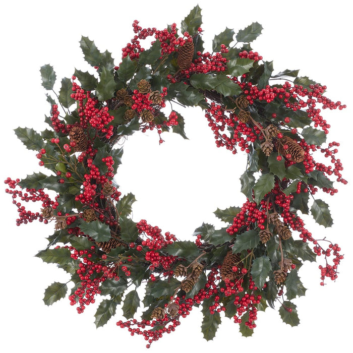 22" Berry, Pinecone & Holly Leaf Artificial Wreath -Red/Brown (Pack of 2) - XDW385-RE/BR